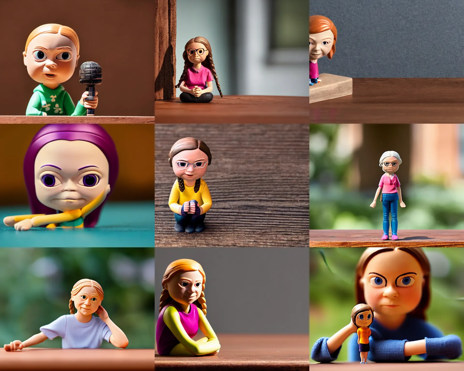 Prompt: greta thunberg figurine by pixar sad bokeh on wooden table.