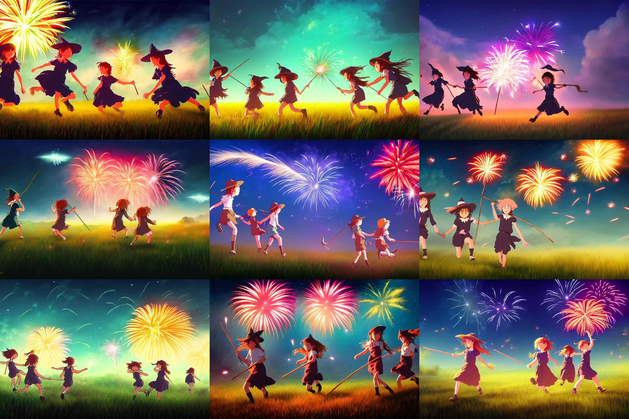 Prompt: young witches running through a field launching fireworks into the sky, magical particles in the air, night time, rim light, studio ghibli style, high octane filter, 8 k, highly detailed, digital painting, concept art, matte