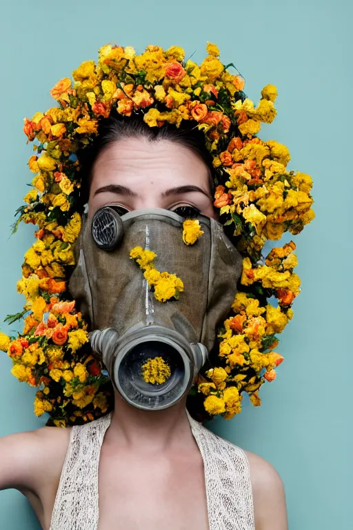 Image similar to a surreal portrait of a woman wearing gas mask blending into a wall of flowers in the style of brooke didonato, editorial fashion photography from vogue magazine, full shot, nikon d 8 1 0, ƒ / 2. 5, focal length : 8 5. 0 mm, exposure time : 1 / 8 0 0, iso : 2 0 0