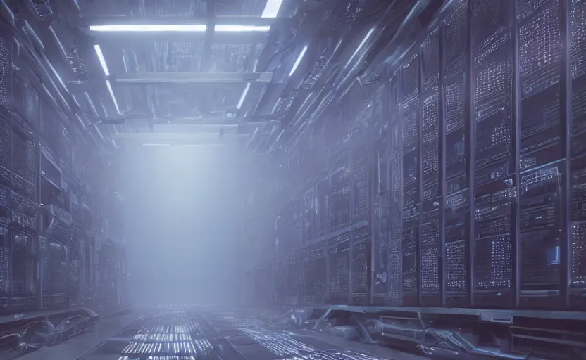 Image similar to extremely detailed cinematic movie still 3 0 7 7 foggy portrait shot of a robot in an endless data centre by denis villeneuve, wayne barlowe, simon birch, marc simonetti, philippe druillet, beeple, bright volumetric sunlight from small windows, rich moody colors