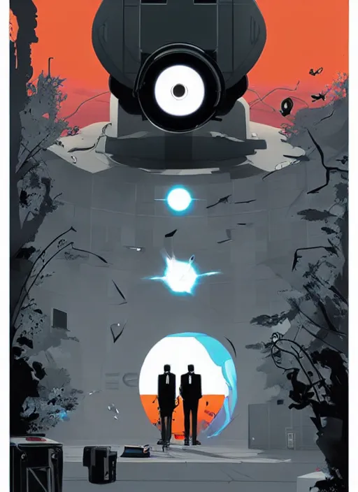 Image similar to poster artwork by Michael Whelan and Tomer Hanuka, Aperture Science, clean