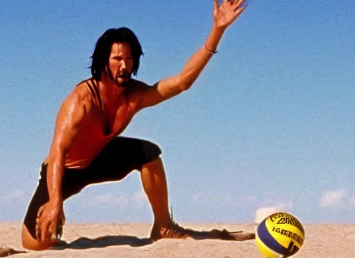 Image similar to film still of Keanu Reeves as Maverick playing beach volleyball in Top Gun 1986