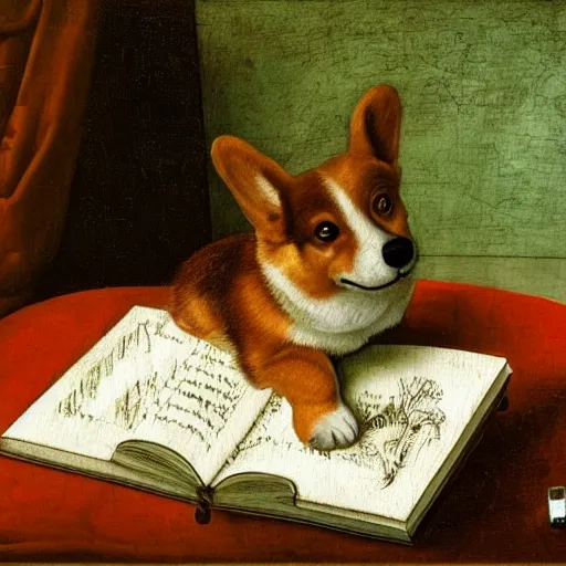 Image similar to very sad crying corgi sitting behind laptop on bed among the greenery, oil painting by Leonardo Da Vinci