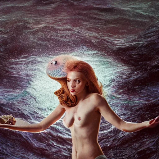 Prompt: kodak film, symmetrical balance, soft blur light, volumetric lighting, highly detailed, britt marling style 3 / 4, a octopus woman in the water in style o f annie leibovitz, highly detailed, interstellar outdoor soft pastel mute colors scheme, hyper realistic, photo realistic