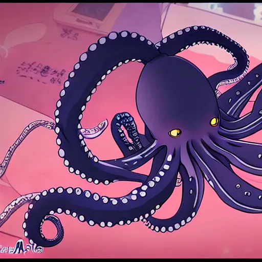 Image similar to key anime visuals of [ an octopus ninja, fighting with a katana ]. highly detailed, intricate, directed by makoto shinkai, anime manga style, trending on art station.