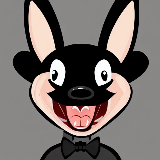 Image similar to A extremely highly detailed majestic hi-res beautiful, highly detailed head and shoulders portrait of a scary terrifying, horrifying, creepy black cartoon rabbit with a bowtie and scary big eyes, earing a shirt laughing, hey buddy, let's be friends, in the style of Walt Disney