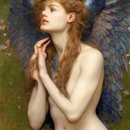 Image similar to epic masterpiece full body portrait a beautiful female angel, flawless skin, perfect body, by Edgar Maxence and Ross Tran and Michael Whelan