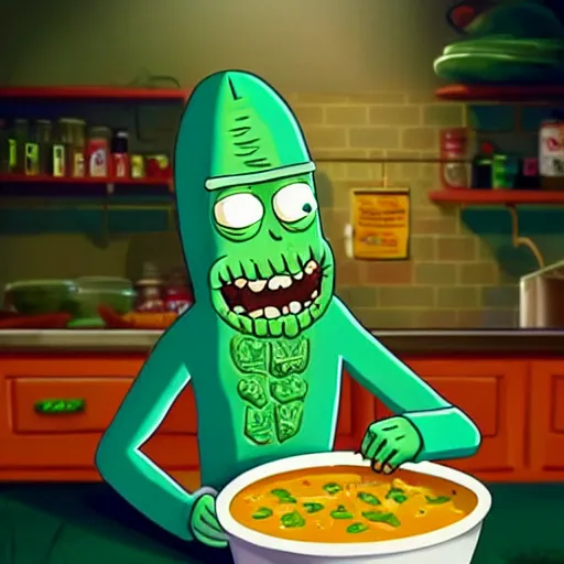 Image similar to pickle rick serving in a soup kitchen, pickle rick serving soup, kindness, detailed portrait, matte painting