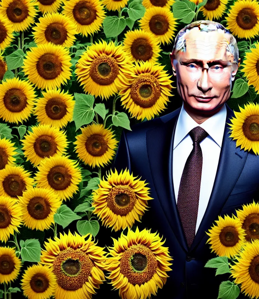 Prompt: photo portrait of Vladimir Putin - sunflowers - dressed in leisure suit with sunflower pattern and tombstone for a tie, natural skin tone, highly detailed realistic flowers ornament on suit, facial wrinkles and brows are intricate with highly detailed realistic flowers, elegant, Realistic, Refined, Highly Detailed, natural soft pastel lighting colors scheme, fine art photography by Cecil Beaton, volumetric lighting, hyper realistic photography