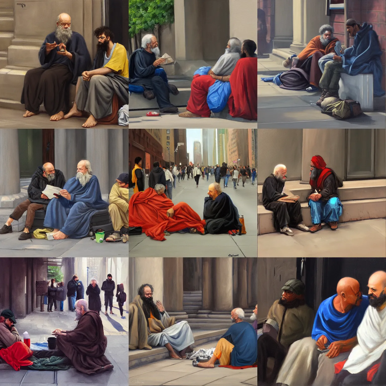 Prompt: Socrates casually chating with homeless people in New York, oil on canvas, artstation