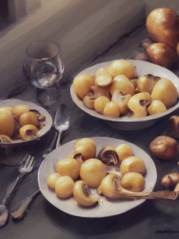 Prompt: A ultradetailed beautiful panting of an extremely appetizing plate of potatoes and mushroom, oil panting, high resolution 4K, by Ilya Kuvshinov, Greg Rutkowski and Makoto Shinkai