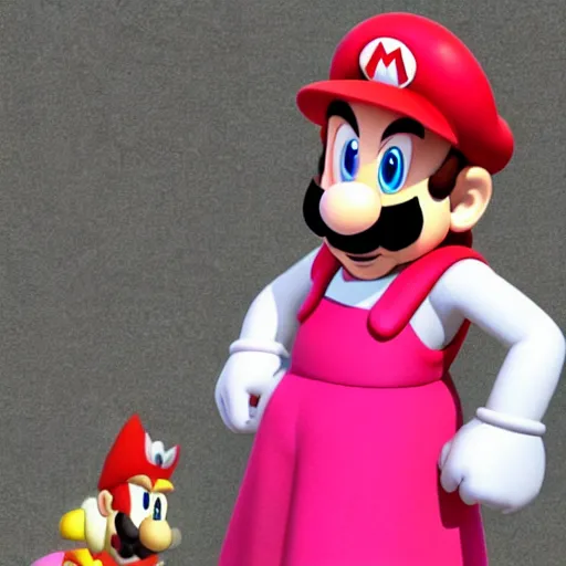 Prompt: mario from super mario wearing a pink dress, pixar animation