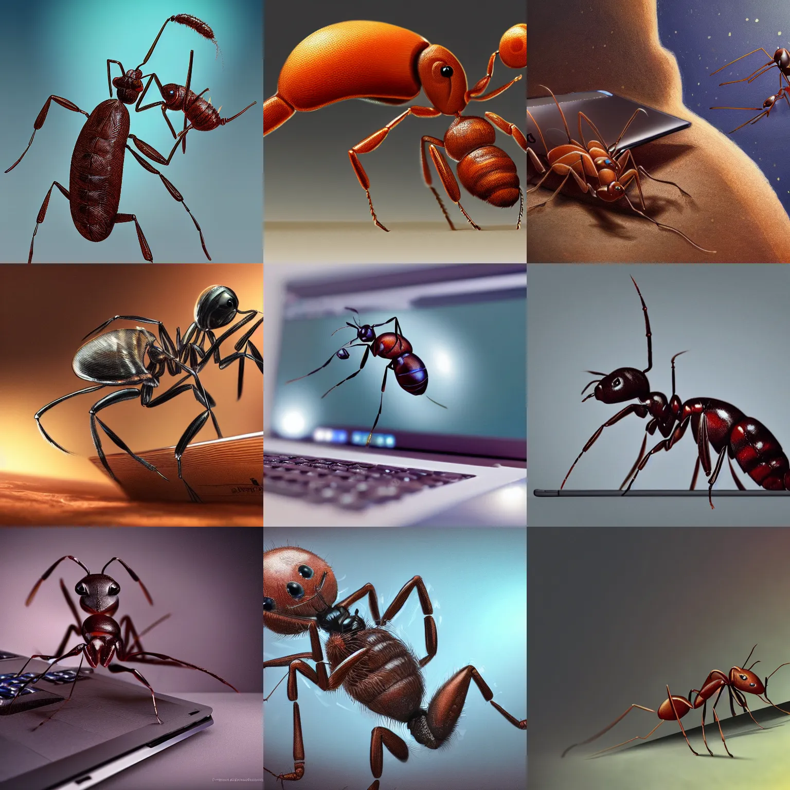 Prompt: photo of an ant using a laptop, intricate, highly detailed, digital painting, artstation, concept art, smooth, sharp focus, illustration, vfx