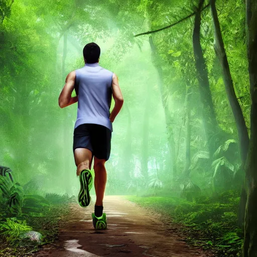 Prompt: sporty guy in acid-green sneakers, runs alone through a jungle with tall trees, shot from the back, natural, in perspective, fantasy artwork, very very very beautiful scenery, hd, hdr, ue5, ue6, unreal engine 5, cinematic 4k wallpaper, 8k, ultra detailed, high resolution, artstation, award winning,