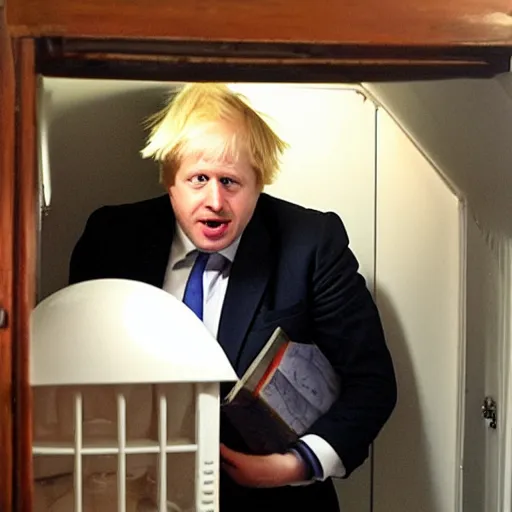 Prompt: boris johnson hiding in a cupboard