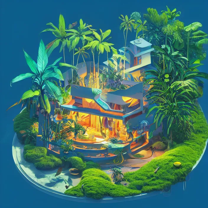 Image similar to a luminescent tropical cottage by paolo eleuteri serpieri and tomer hanuka and chesley bonestell and daniel merriam and tomokazu matsuyama, unreal engine, high resolution render, featured on artstation, octane, 8 k, highly intricate details, vivid colors, vector illustration