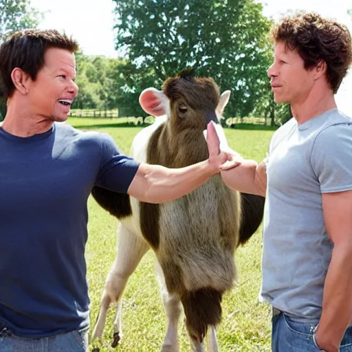 Image similar to mark wahlberg and andy samberg talking to farm animals