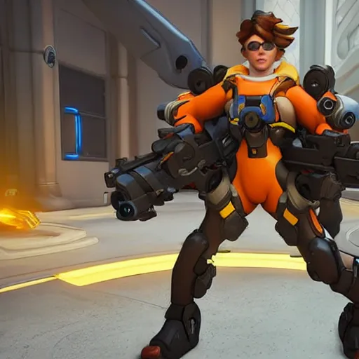 Image similar to a screenshot of arnold schwarzenegger as tracer in overwatch, full body shot