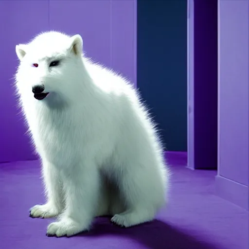 Image similar to a photo of a white fur monster standing in a purple room,