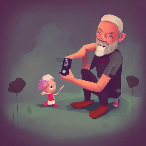 Image similar to cute cartoon character, curled perspective, digital art, beard grandpa taking a photo to a baby girl, anton fadeev