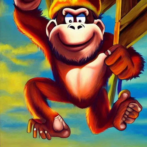 Image similar to Donkey Kong as Jesus Christ, dying on the cross for our sins, oil painting