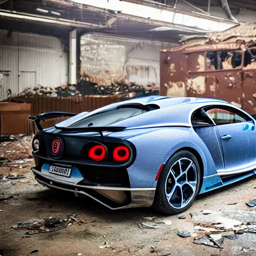 Image similar to an abandoned, derelict, ( really rusty ) bugatti chiron in a dirty warehouse