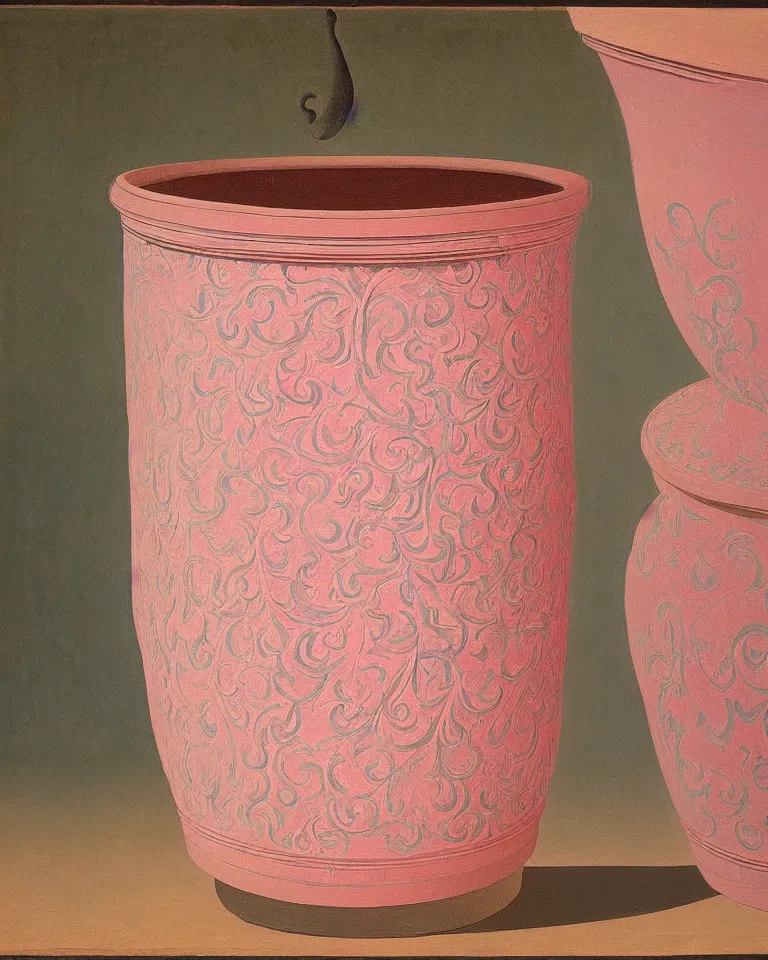 Image similar to achingly beautiful print of intricately painted ancient greek krater on a pink background by rene magritte, monet, and turner.