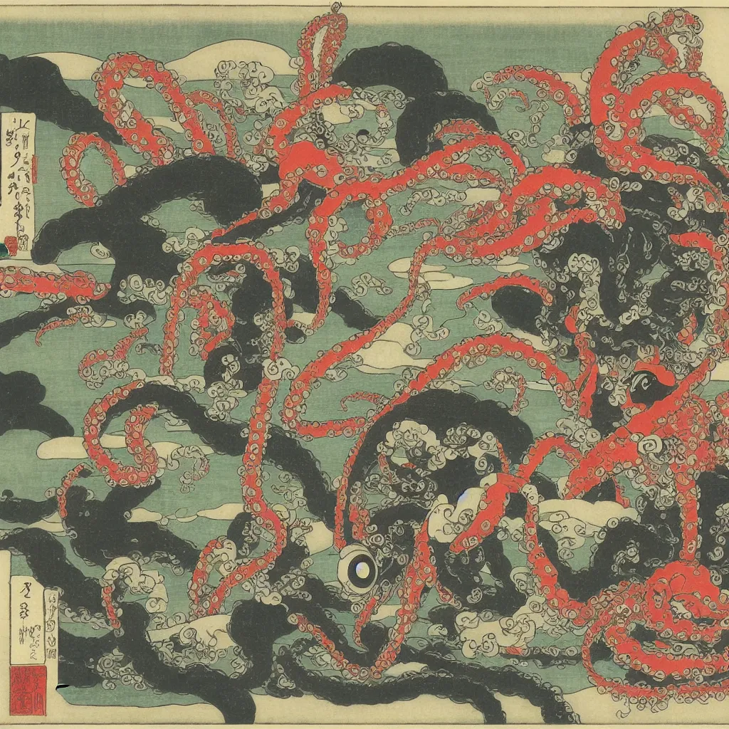 Prompt: Robot!!!! fighting octopus in front of Mt Fuji, cherry blossoms, Ukiyo-e by Utagawa Kuniyoshi