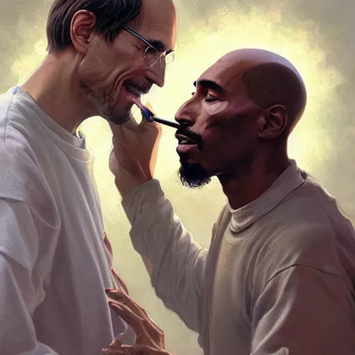 Prompt: Portrait of steve jobs and tupac smoking pot in heaven, intricate, highly detailed, digital painting, artstation, concept art, smooth, sharp focus, art by artgerm and greg rutkowski and alphonse mucha