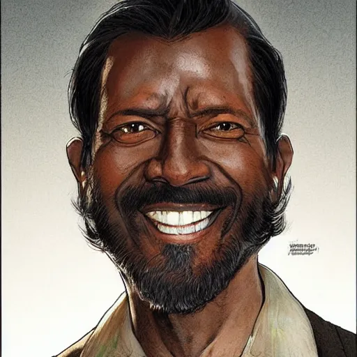 Image similar to portrait of a treasure hunter, dark skinned, grizzled man smiling brightly, in his 5 0 s with dark hair and sharp cheekbones, dressed in expensive clothes, detailed face, smooth, sharp focus, graphic novel, art by artgerm and greg rutkowski and pepe larraz,