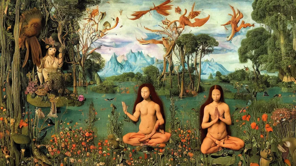 Image similar to a photograph of a meditating centaur shaman and a harpy mermaid feeding animals. surrounded by bulbous flowers and a few trees and wild animals. river delta with mountains under a blue sky full of burning stars and birds. painted by jan van eyck, max ernst, ernst haeckel, ernst fuchs and artgerm. trending on artstation