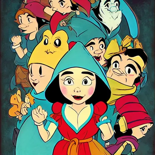 Image similar to snow white and the seven dwarfs, artwork by skottie young