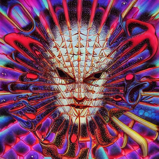 Prompt: psychedelic hellraiser by alex grey, lisa frank, giger, ayami, kojima, amano, karol bak, greg hildebrandt, mark brooks, beksinski, takato yamamoto