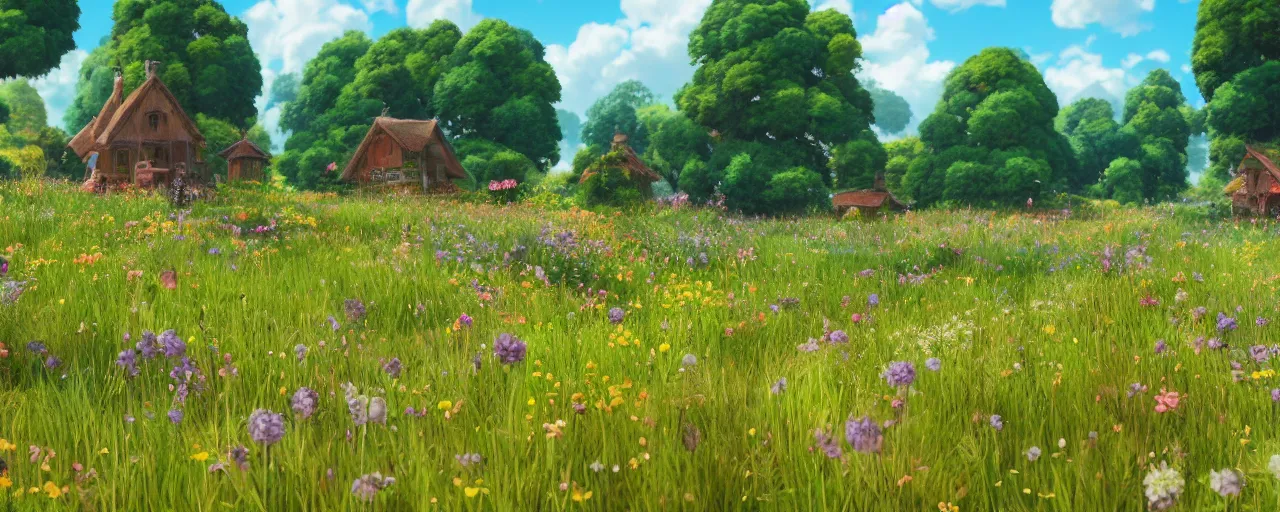 Image similar to a beautiful meadow landscape with large detailed bees flying, flowers, happy trees, photorealistic, octane render, rtx, hdr, unreal engine, digital art widescreen 8 k in the style of studio ghibli and bob ross