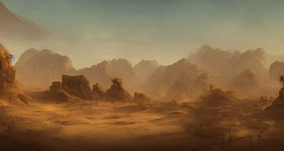 Image similar to a distant desert village, artstation, cgsociety