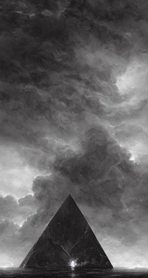 Image similar to black lovecraftian eldritch!! obsidian pyramid!! on a snowy island surrounded by raging stormy seas, with a large shadow of a creature in the background by eugene von guerard, ivan shishkin, night, red lightning!!, storm!, dramatic lighting, concept art, trending on artstation, 8 k