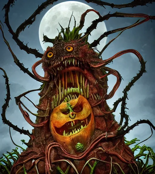 Image similar to a tim burton design of a horrifying king creature made of pumpkin, fat, limbs made from vines, sitting on a stone throne, detailed game art illustration, menacing carved facial expression, creepy lighting, dynamic pose, 4 k artstation, masterpiece