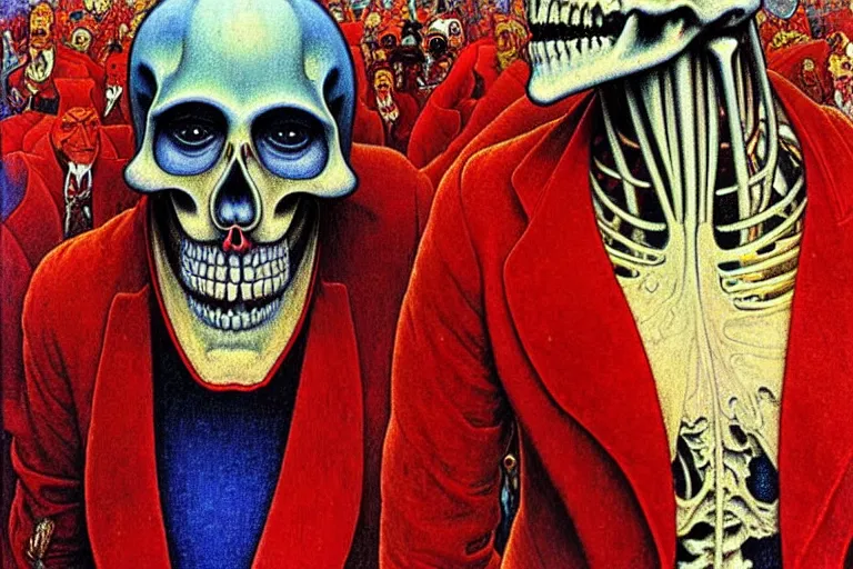 Image similar to realistic detailed closeup portrait painting of a single skeleton wearing red velvet blazer in a crowded futuristic moscow street by Jean Delville, Amano, Yves Tanguy, Alphonse Mucha, Ernst Haeckel, Edward Robert Hughes, Roger Dean, rich moody colours, blue eyes