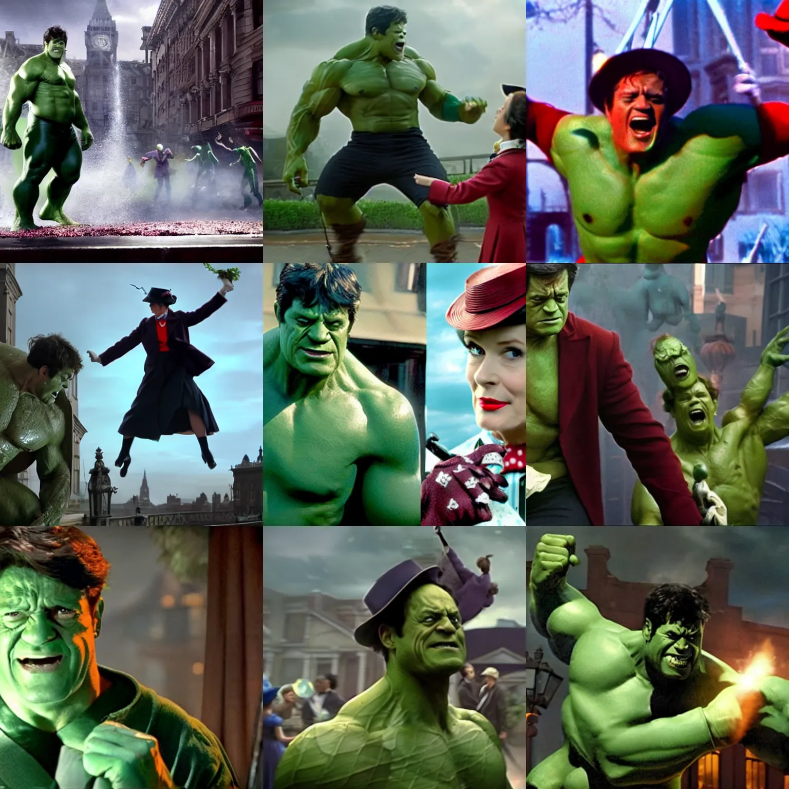 Prompt: mary poppins as the hulk in the avengers ( 2 0 1 2 ), cinematography