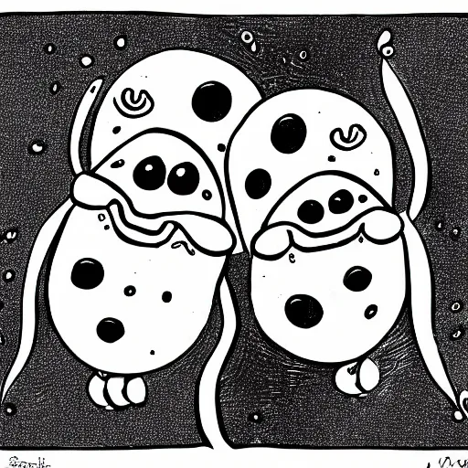 Prompt: a cartoony anthropomorphic ink drawing of a pair of amoebas called separation anxiety