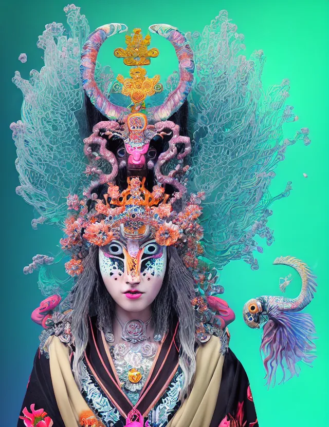 Image similar to 3 d goddess close - up profile portrait with crown, ram skull. beautiful intricately detailed neon japanese crow kitsune mask and clasical japanese kimono. betta fish, jellyfish phoenix, bio luminescent, plasma, ice, water, wind, creature, artwork by tooth wu and wlop and beeple and greg rutkowski