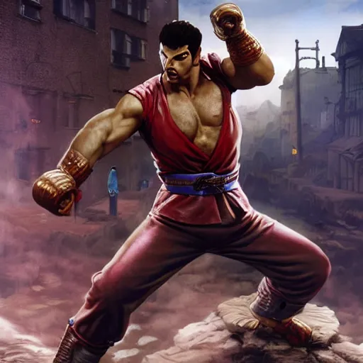 Prompt: freddy mercury as ryu street fighter, uppercut, ultra realistic, concept art, intricate details, highly detailed, photorealistic, octane render, 8 k, unreal engine, art by frank frazetta, simon bisley, brom