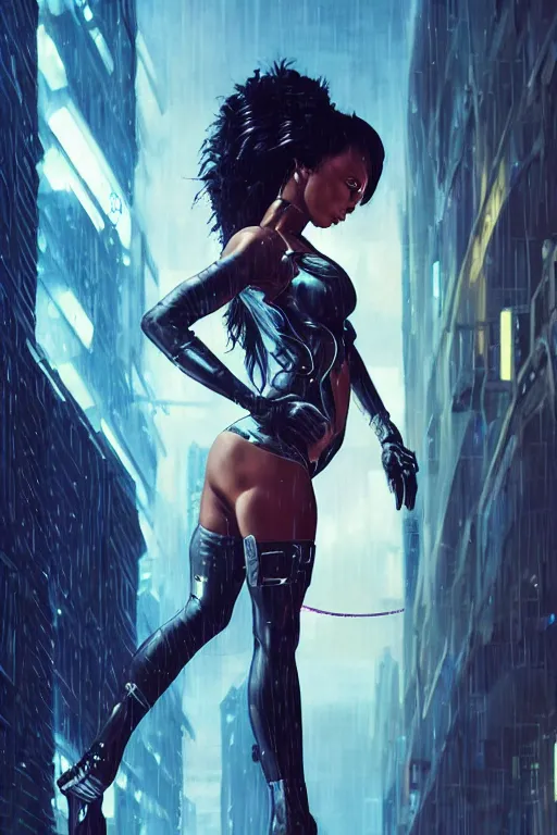 Image similar to cyberpunk Normani as aeon flux profile picture by Greg Rutkowski, dynamic pose, intricate, futuristic, fantasy, elegant, by Stanley Artgerm Lau, greg rutkowski, thomas kindkade, alphonse mucha, loish, norman Rockwell, metal chrome, shiny, rainy background, asymmetric, adro hair,