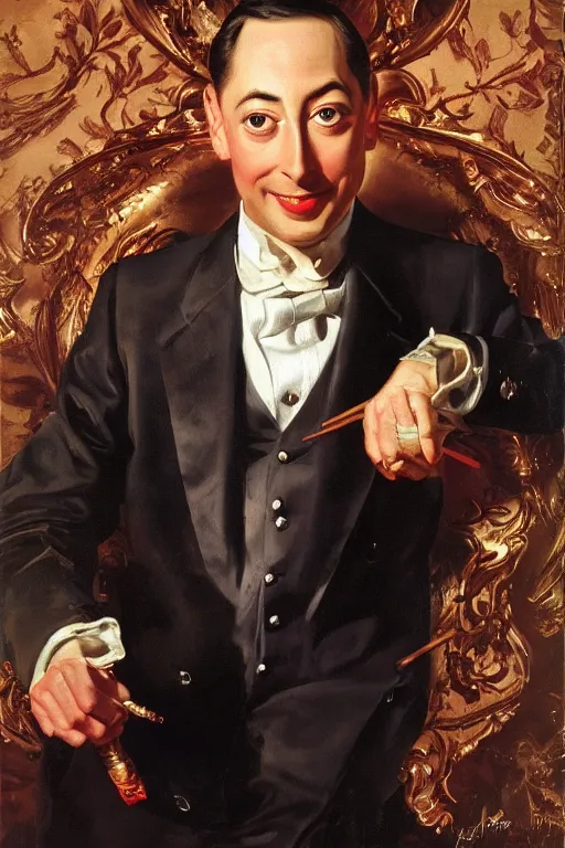 Image similar to Pee Wee Herman oil on canvas, golden hour, artstation, by J. C. Leyendecker and Peter Paul Rubens,