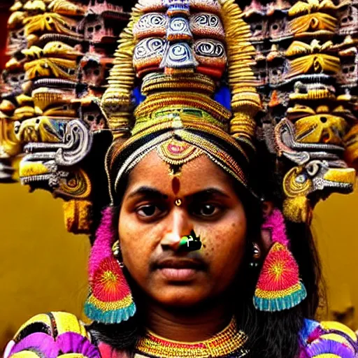 Image similar to a woman wearing an armor and head - dress. the armor and head - dress is made out of the colors, textures and sculptures of the meenakshi temple in madurai. intricate. detailed.