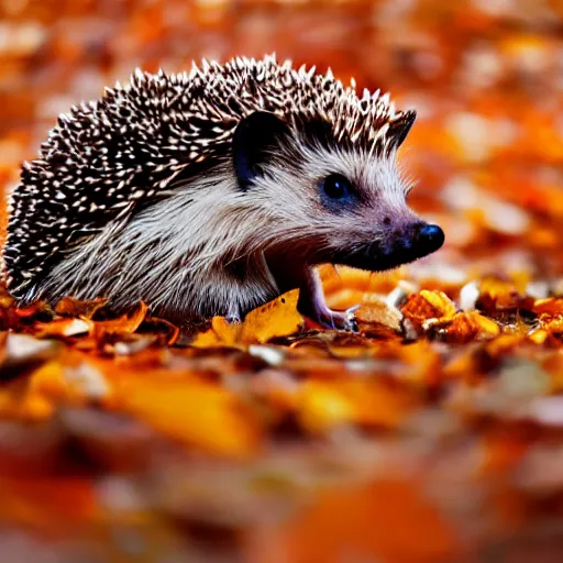 Image similar to hedgehog in the style of tom chambers, warm colours, autumn colours, cinematic lighting, front profile