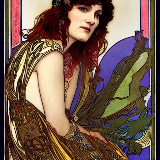 Prompt: florence welch portrait by louis - theophile hingre and alphonse mucha, realistic, sharp focus, zodiac signs, tarot cards, planets, ethereal, art nouveau, magic, moon, sun, crown, dreamy, royal, jewellery