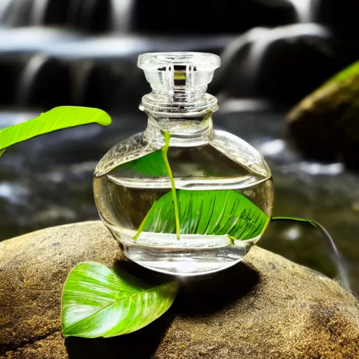 Image similar to perfume bottle sitting on a small clear tropical waterfall, close up shot, upfront, surrounded by tropical leaves, blurred tropical background, softly - lit, soft - warm, zen, light, modern minimalist f 2 0 clean