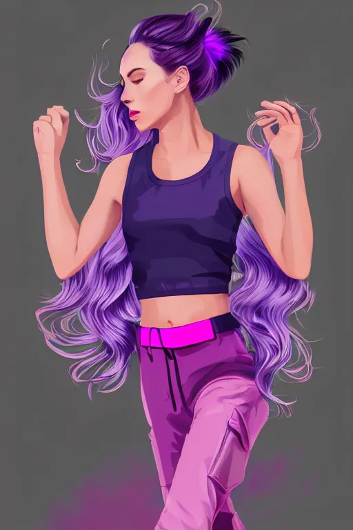 Image similar to a award winning half body porttrait of a beautiful woman in a croptop and cargo pants with ombre purple pink teal hairstyle with head in motion and hair flying, outrun, vaporware, shaded flat illustration, digital art, trending on artstation, highly detailed, fine detail, intricate