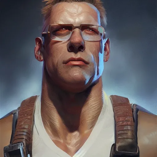 Image similar to portrait of duke nukem, backlit, painted by stanley lau, painted by greg rutkowski, painted by stanley artgerm, masterpiece, digital art, trending on artstation